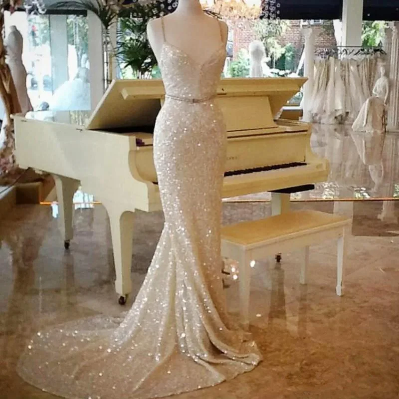

Shinning Sequined Mermaid Prom Gowns Long Sexy Spaghetti Sweep Train Mermaid Evening Gowns Cheap Custom Formal Wear Party Dress
