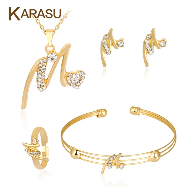 karasu gold color letter m charm women girls necklace earrings