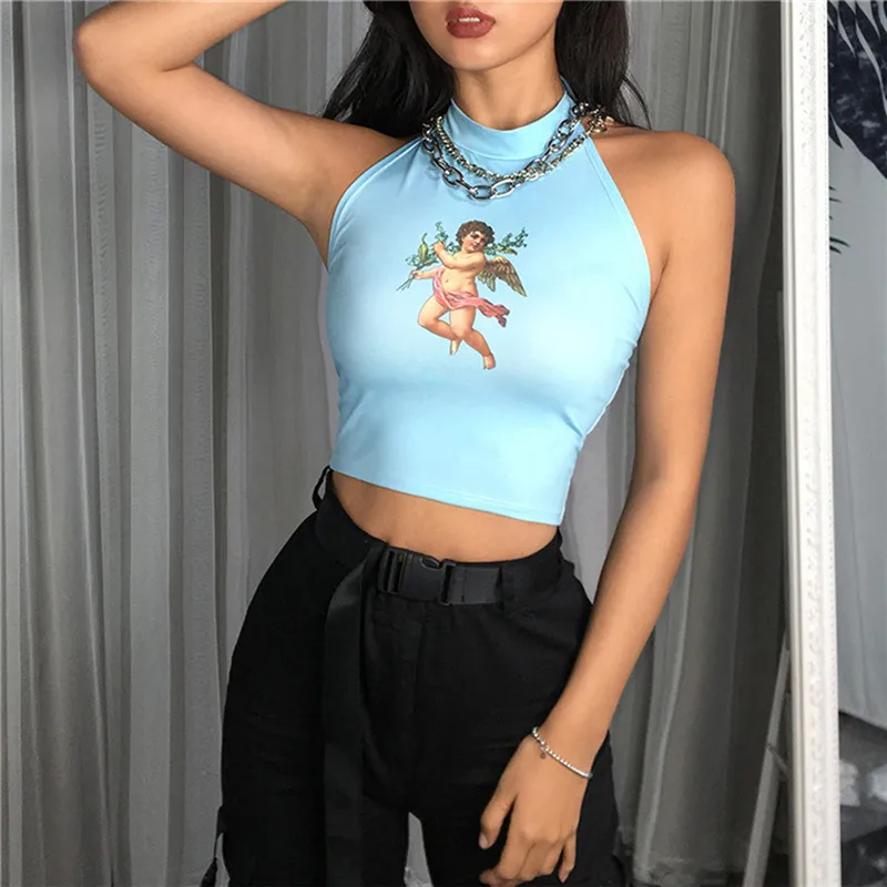 

Women Angel Printing Vest tank tops sleeveless Halter Bandage Crop Top Summer Elastic Bodycon Short vest Top