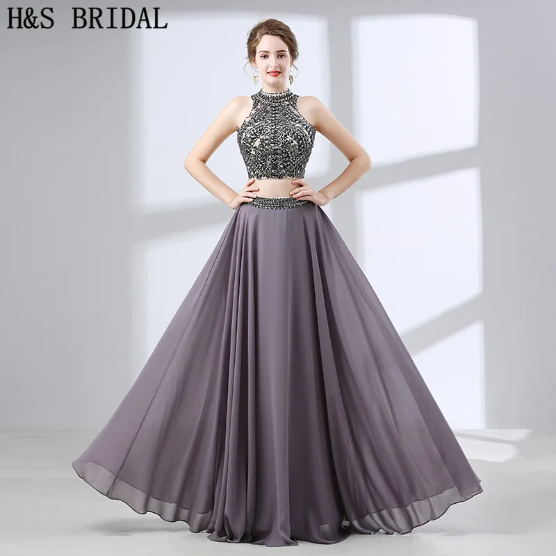 

H&S BRIDAL Two pieces Evening Dress Crystal Beading Chiffon evening-dresses Backless evening gowns for women vestido de festa