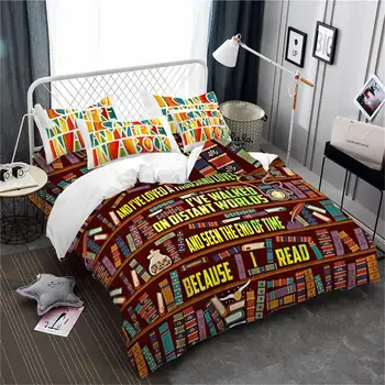 

Watercolor Cartoon Bedding Set Book Bookshelf Print Duvet Cover Set Letter Print Kids Bedding Colorful Bedclothes Pillowcase