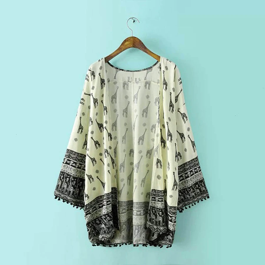 

20192016 New FashionWomen Giraffe Pattern Printed Kimono Cardigan Blouse Tops Beach Cover Up coat female Hot
