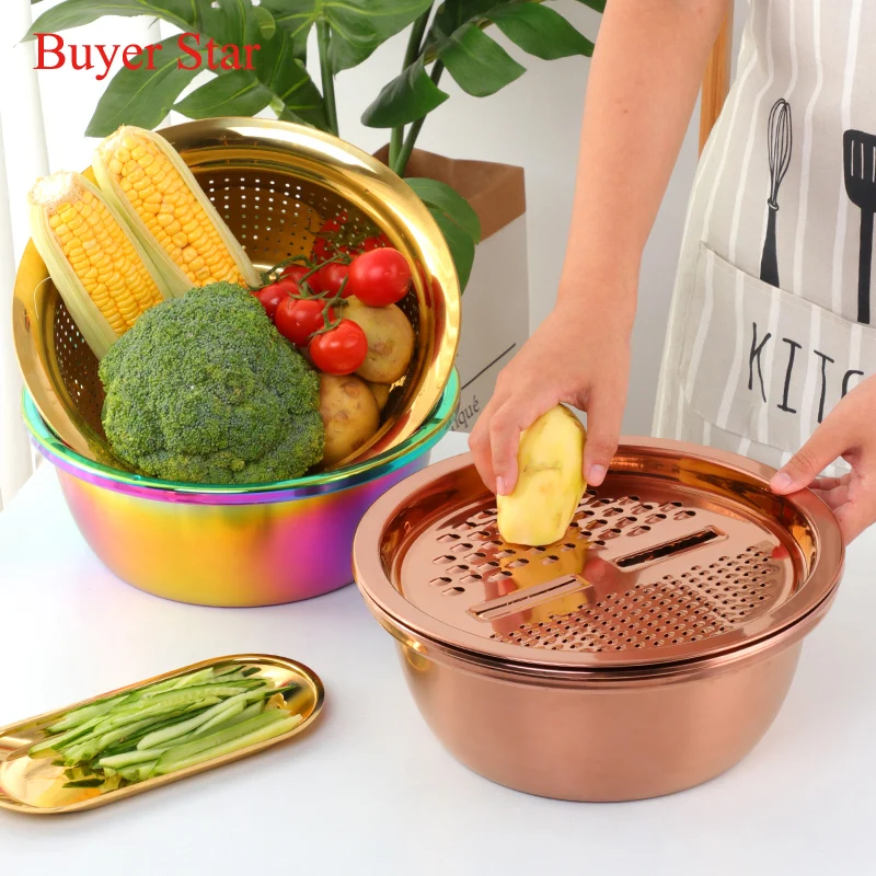 

3PC/Set Stainless Steel Vegetable Slicer Potato Peeler Carrot Grater Strainer Round Kitchen Rice Washing Basin Household Utensil