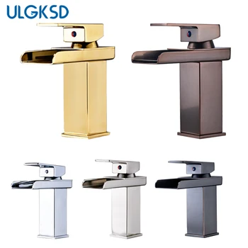 

Basin Faucet Waterfall Spout Single Handle Brass 5 Choices Bathroom Vessel Sink Mixer Tap Cold and Hot Water