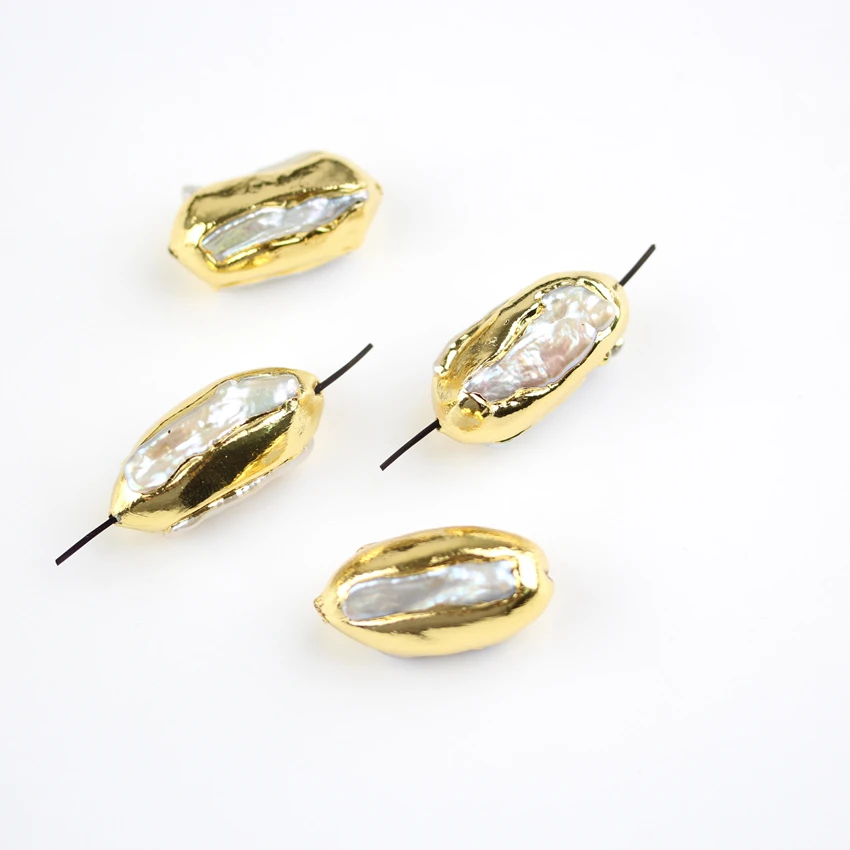 

10PCS sale,Gold Copper Plating Edged with Nugget Pearl Shell Charms Holes for Necklace,Chunky White Shell Findings Jewelry Beads