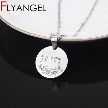 

FLYANGEL Engraved Necklace Mirror Style Flowers Gesture Love You High Quality Stainless Steel Necklace Gifts For Lover Couples