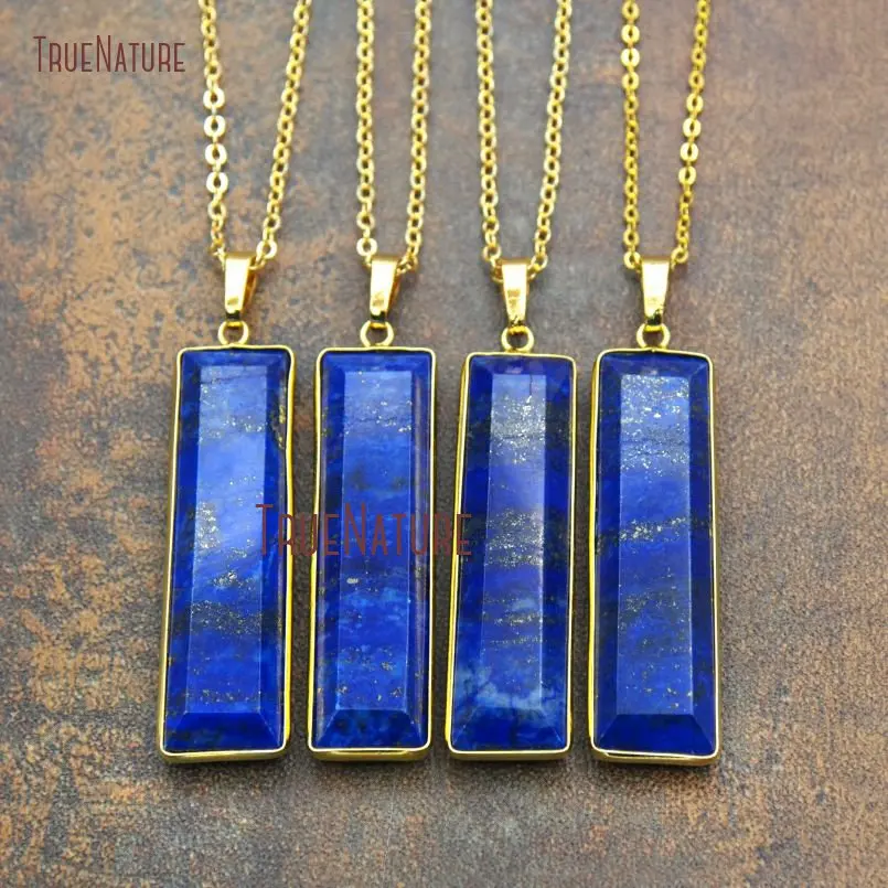

High Quality Lapis Lazuli Stone Oblong Pendant Necklace Gold Color Simple Link Chains Wholesale Jewelry In 18 inch NM11130