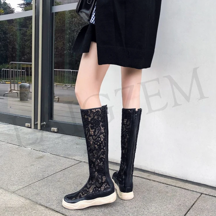LAIGZEM GRACE Women Knee High Boots Lace SUMMER Boots Flat Thick Bottom Botas Shoes Woman Bottes Femme Small Big Size 32-46 (4)