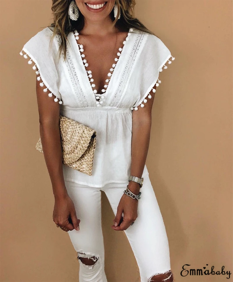 

Fashion Women Blouse White Short Sleeve Lace Up Shirt Deep V Neck Tops Blouse Summer Loose Casual Women Clothing