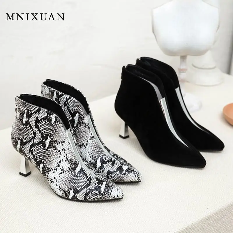 

MNIXUAN Winter Woman Boots Shoes Pointed Toe High Heel Ankle Boots 2019 Women Shoes leather Snake Print ladies short boots black