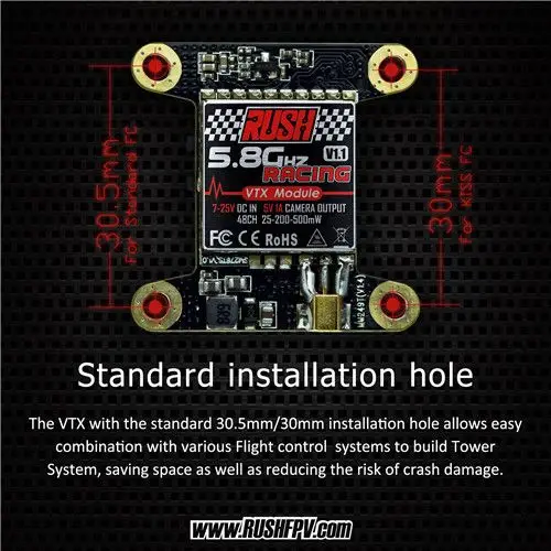

Rush VTX V1.1 5.8G 40CH 25MW 200MW 500MW Switchable Racing AV Transmitter