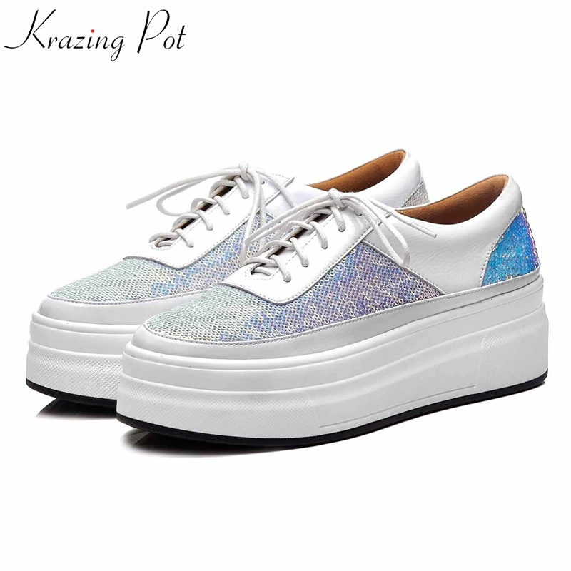 

Krazing Pot sequined cloth cow leather bling cozy gradient color flat platform round toe causal sneakers vulcanized shoes L83