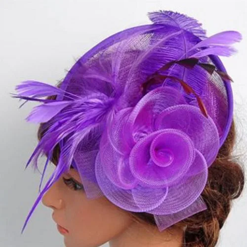 Фиолетовый Fashion Hair Women Feathers Hair Clips Hairpins Net Mesh Cocktail Party Headdress Wedding Costume Christmas Halloween - Цвет: Фиолетовый