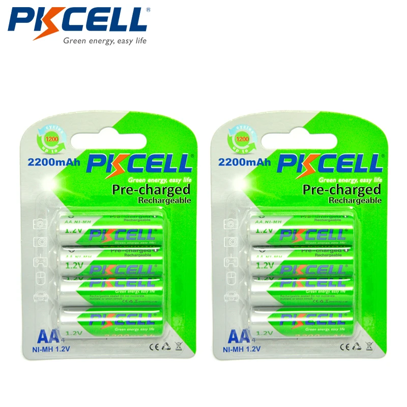 8 шт./2 карты Pkcell 1 2 V 2200mAh NiMh аккумуляторная батарея AA Ni MH предварительно заряженные