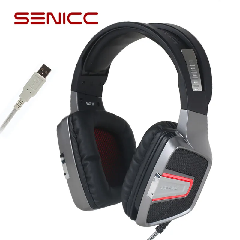 

Original SENICC W271 USB Gaming Headset Adjustable Headband Headphones with Sound Card LED Light PU+braided Cable for PC Games