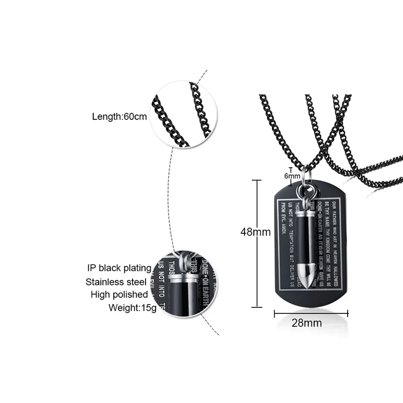 Для мужчин черный Отче наш Dog Tag Цепочки и ожерелья с форме пули кремации урна кулон на цепи Нержавеющая сталь ювелирные изделия