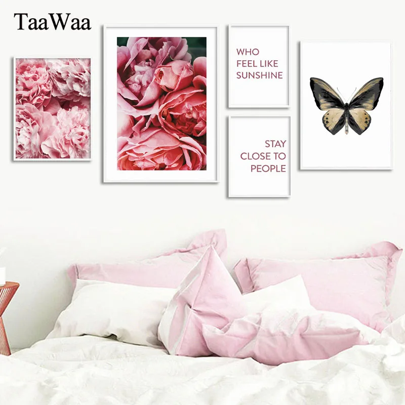 

Romantic Modern Pink Rose Flowers Butterfly Wall Art Picture Poster Print Valentine's Gift Nordic Canvas Painting for Bedroom