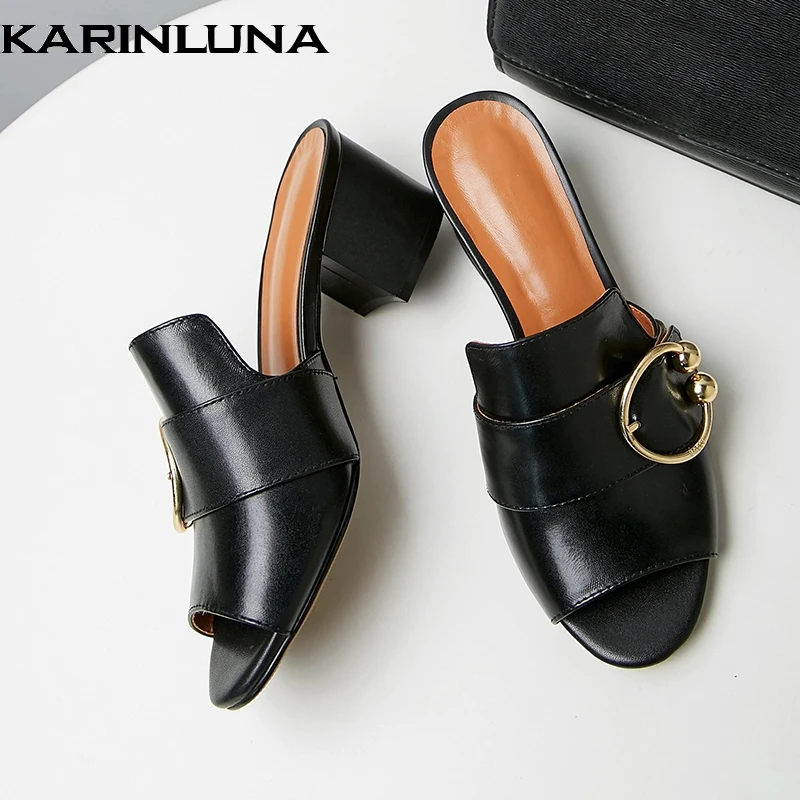 

Karinluna 2019 big size 43 brand design sheepskin genuine leather square heels mules pumps shoes Woman women summer shoes