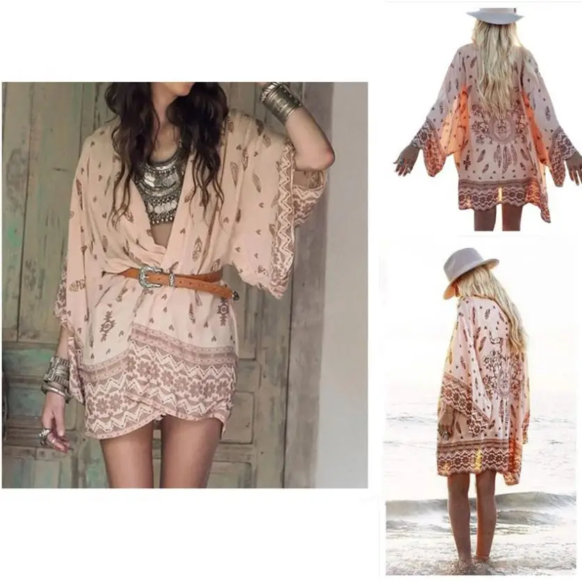 2018 New listing Women Boho Printed Chiffon Loose Shawl Kimono Cardigan Tops Cover up Blouse Hundred and up Outerwear 18July2 Coats