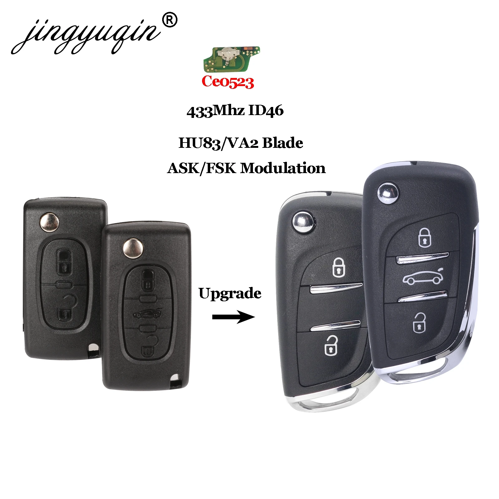 Jingyuqin 5X CE0523 2/3 BT 433Mhz Filp удаленный Автомобильный ключ для peugeot 306 407 807 Partner ASK/FSK ID46 чип VA2/Hu83 модифицированный Fob