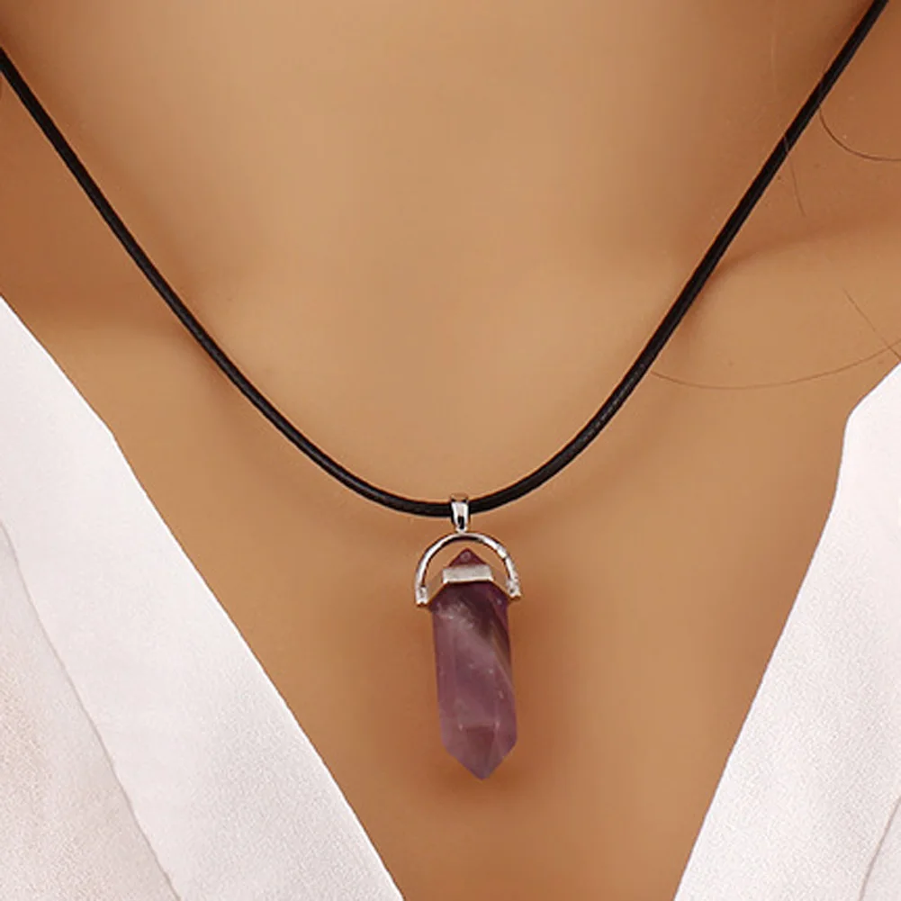 

Hexagonal Column Necklace Natural Crystal Pendant Leather Chains For Women Jewelry