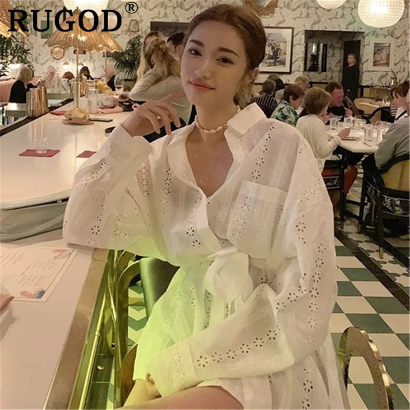 Женская Длинная блузка RUGOD белая Свободная с длинным рукавом и поясом в Корейском