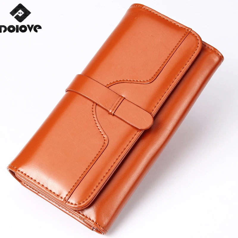 

DOLOVE Lady New Oil wax Leather Three Fold Wallet Real Lady Bag Long Section Ladies wallet Credit Card Holder Mobile Clutch