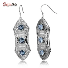 Szjinao Горячие винтажные Роскошные Австрийские камни Аквамарин длинные серьги для женщин чистое серебро 925 пробы ювелирные изделия для девочек подарок