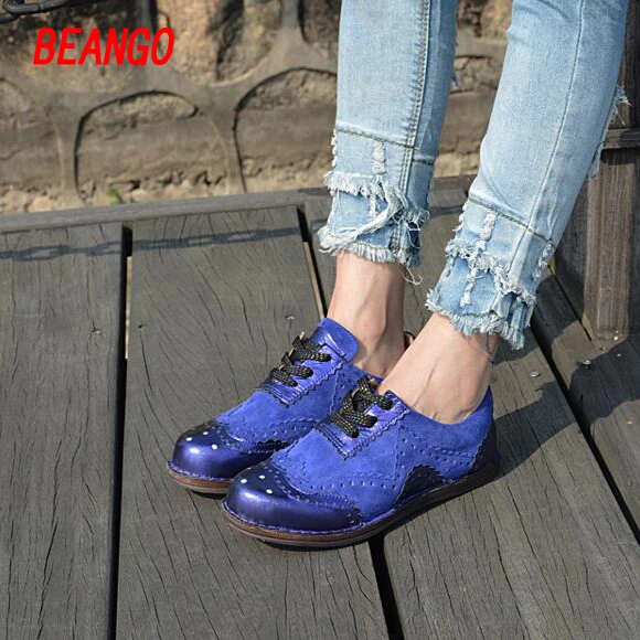 BEANGO 2017 New Coming Women Shoe British Style Color Blocking Lace Up Casual Shoes Flat Platform