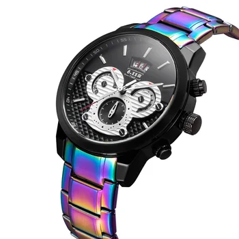 

6.11 Mens New Fashion Colorful Steel Watch Band Stopwatch Watch High Quality Quartz Watch Men Multifunctional Sports Watch