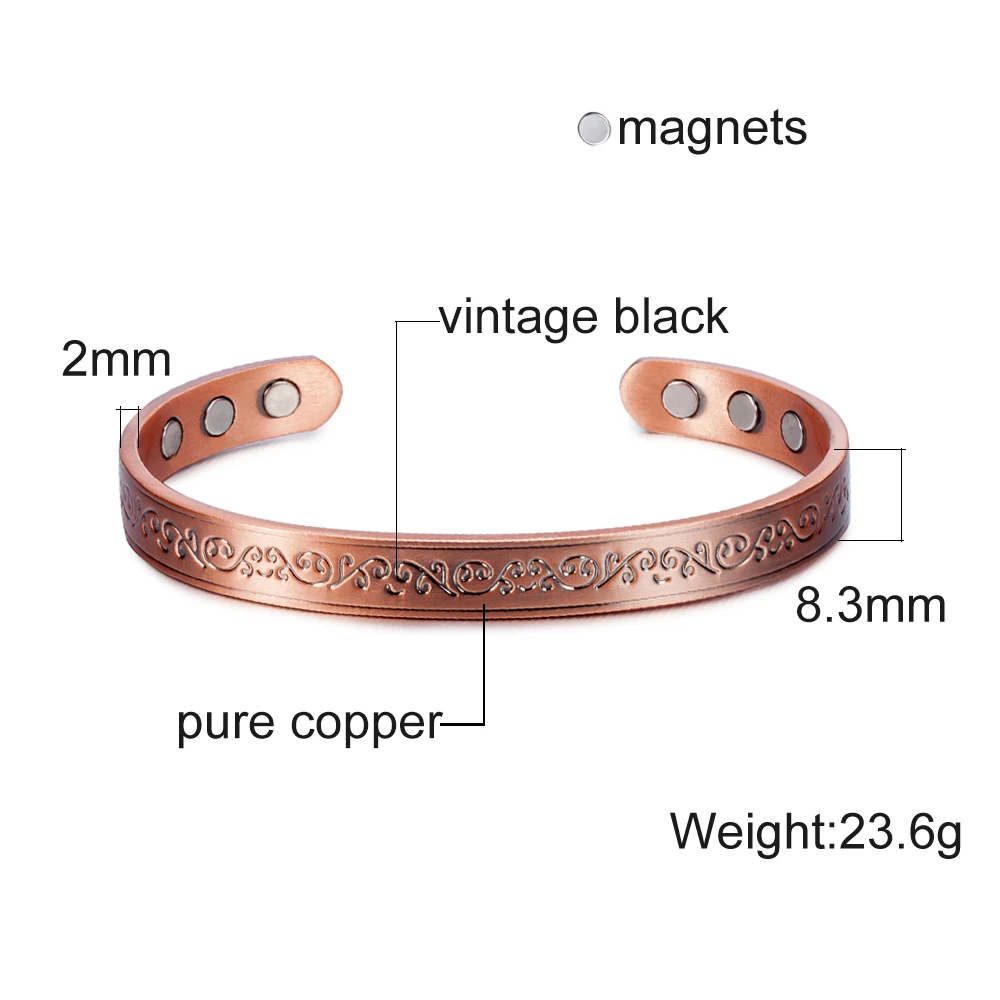 Vinterly Magnetic Bracelets Pure Copper Unisex Health Energy Bangles Vintage Flower Adjustable Open Cuff Jewelry Women Resizable 2