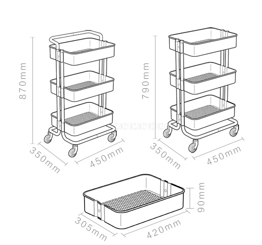 Модные креативные 3 яруса из углеродистой стали, домашний стеллаж для хранения в гостиной, коляска на колесиках, кухонный Органайзер с 4 колесами