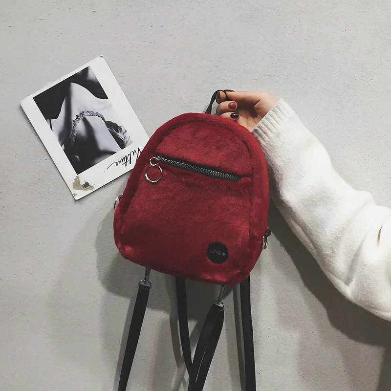

Cute Solid Faux Fur Backpack Solid Color Winter Soft Women's Plush Backpack Red Black White High School Student Shoulder Bag