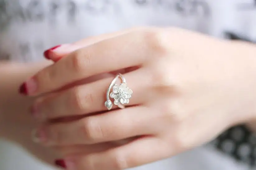 925 пробы серебро ручной работы кольцо с цветком лотоса палец ювелирные изделия для женщин Ретро ювелирные изделия Анель S-R51