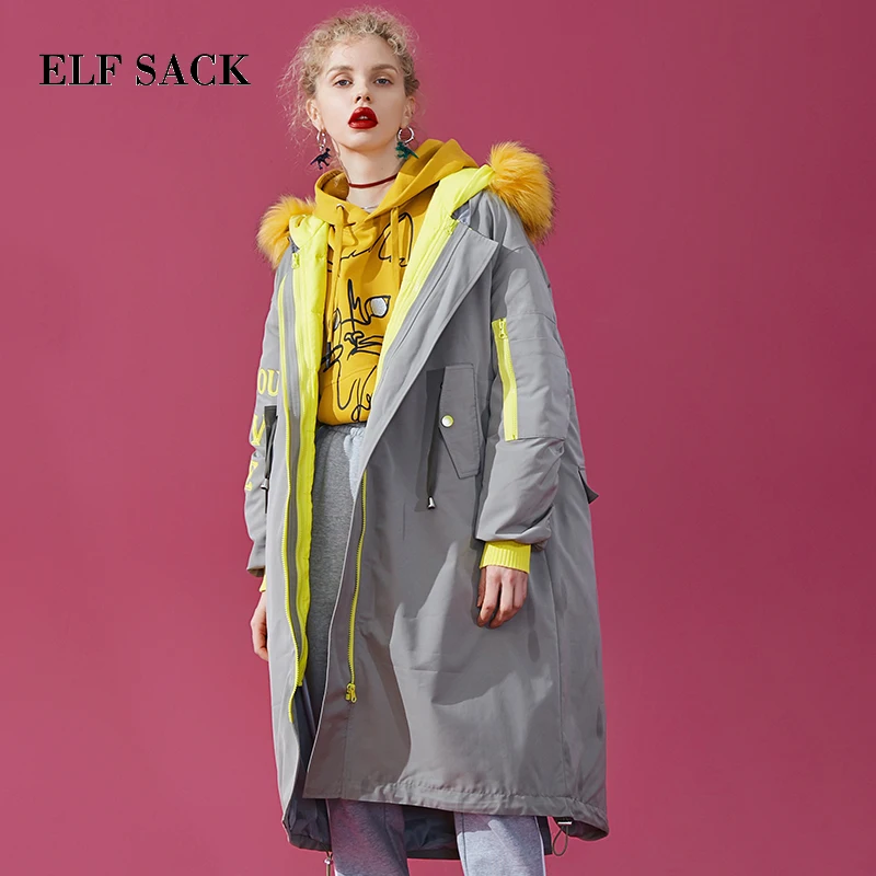 

ELF SACK Ins Style Woman Down Coat 90% White Duck Down Zipper Long Femme Thick Jackets Casual Letter Coat For Winter Wearing