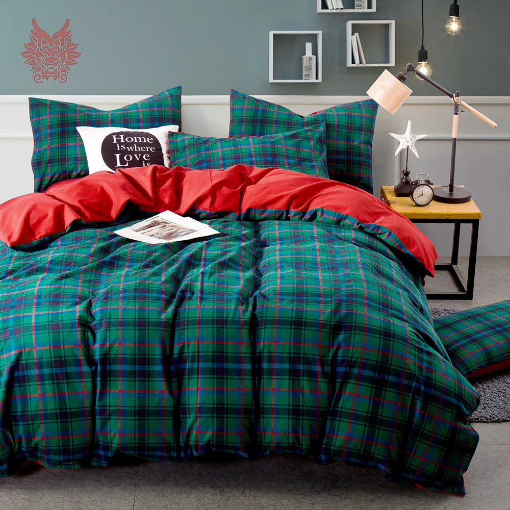 Pastoral Style Grey Blue Green Red Plaid Bedding Sets 100 Pure