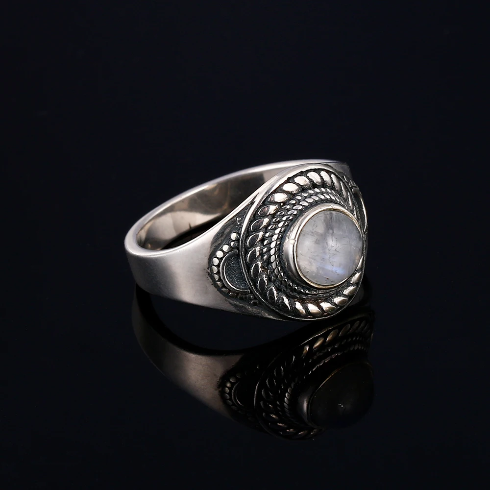 Новые продукты натуральный лунный камень кольцо для мужчин и женщин 925 пробы серебро Винтаж цветок текстурные украшения кольцо Круглый драгоценный камень подарок