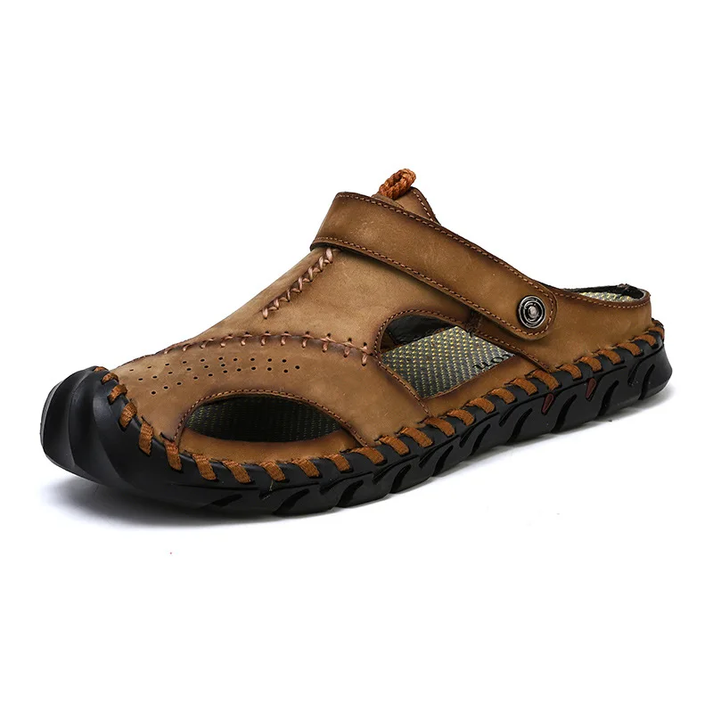 

New Arrival Summer Men Leather Anti-Collision Baotou Outdoor Beach Sandals Soft Bottom Non-Slip Dual-Use Casual Sandals Slippers