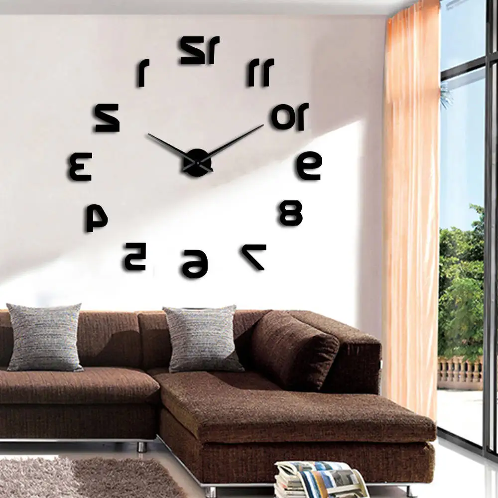 Backwards DIY Big Large 3D Wall Clock Wall Sticker Modern Design