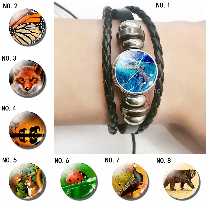 

Beautiful Dragonfly and Monarch Butterfly Wing Leather Bracelet, Glass Cabochon Black Multi-layered Bracelet , Birthday Gift