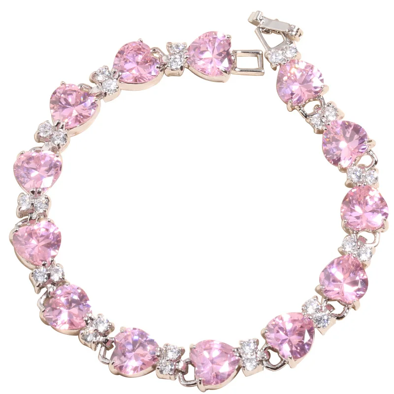 

Romantic Heart Pink Zircon White 925 Sterling Silver For Women Link Chain Bracelet 6.5 - 7.5 inch L20057