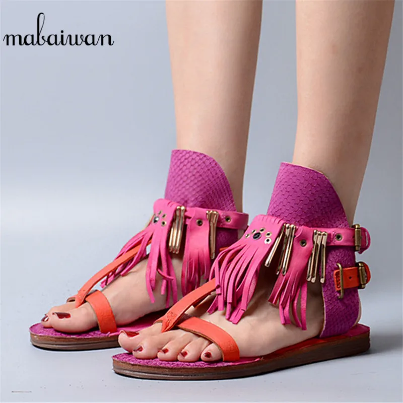 Mabaiwan Red Tassels Women Summer Beach Shoes Gladiator Sandals Flip Flops Fringed Rivet Shoes