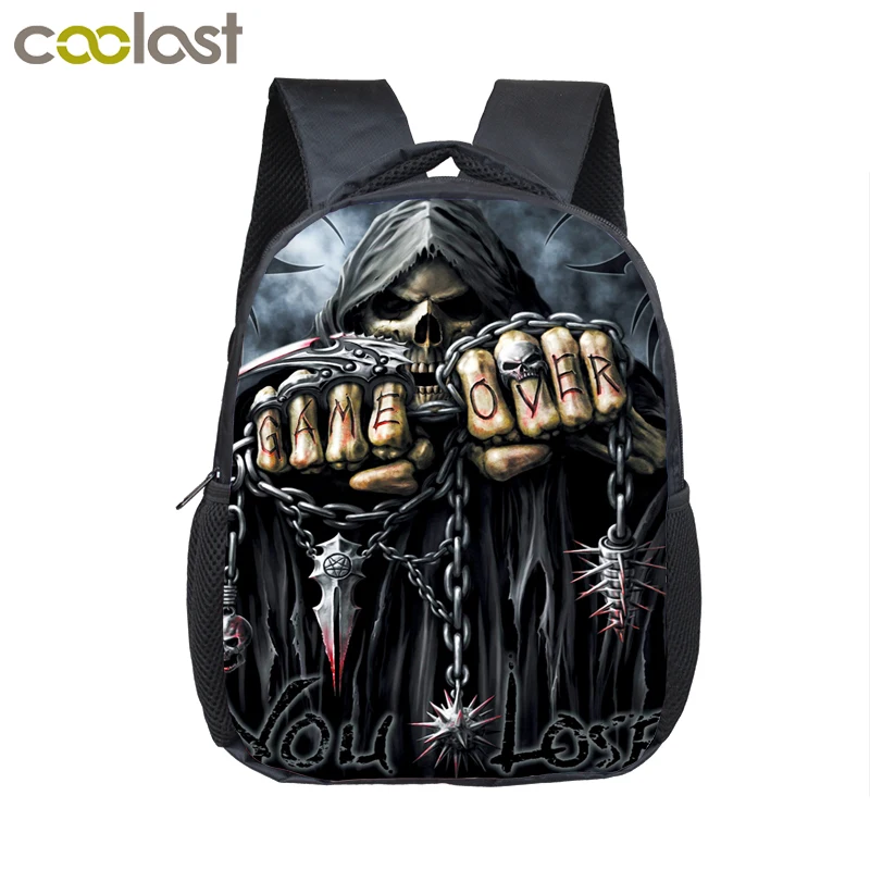 baratas 12 polegada Crianças Legal Do Crânio Da Morte Grim Reaper Mochilas Crianças Escola Bags Backpack Meninos Do Jardim de Infância Saco Mochila Melhor Presente