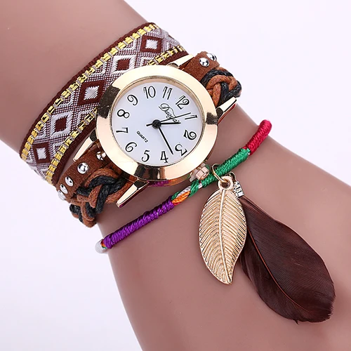 

Women's Ethnic Feather Leaves Pendant Braid Watch Bracelet Quartz Wristwatch