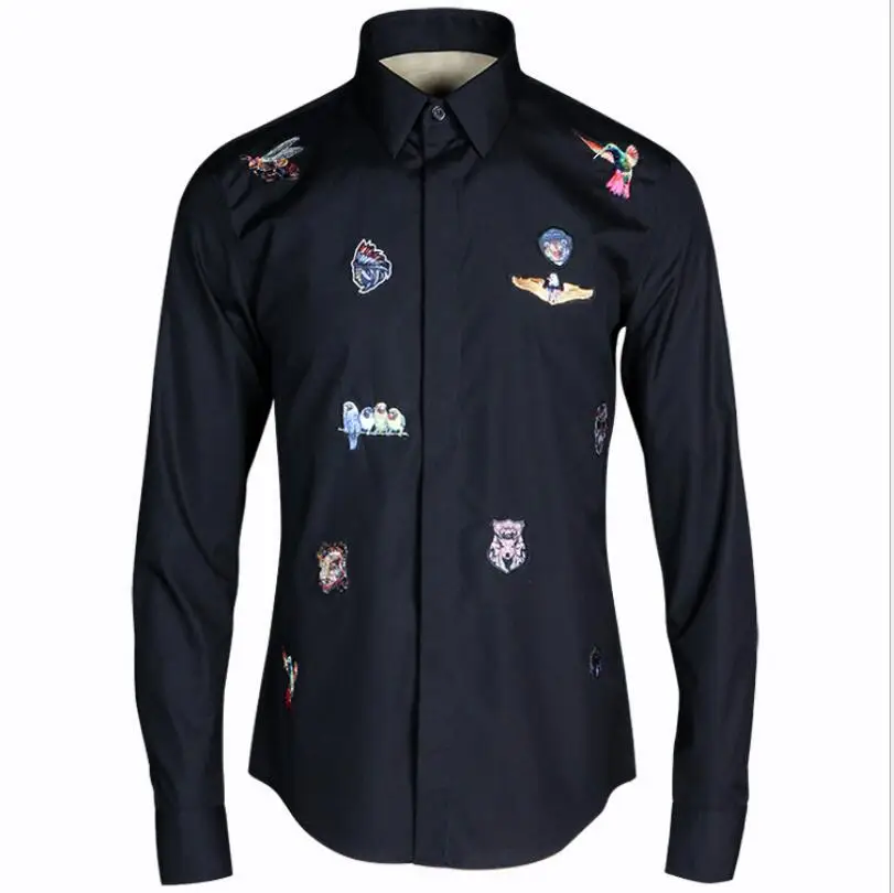 

fashion 3D digital three-dimensional embroidery badge pattern men long-sleeve shirt slim high qulaity autumn plus size M-4XL