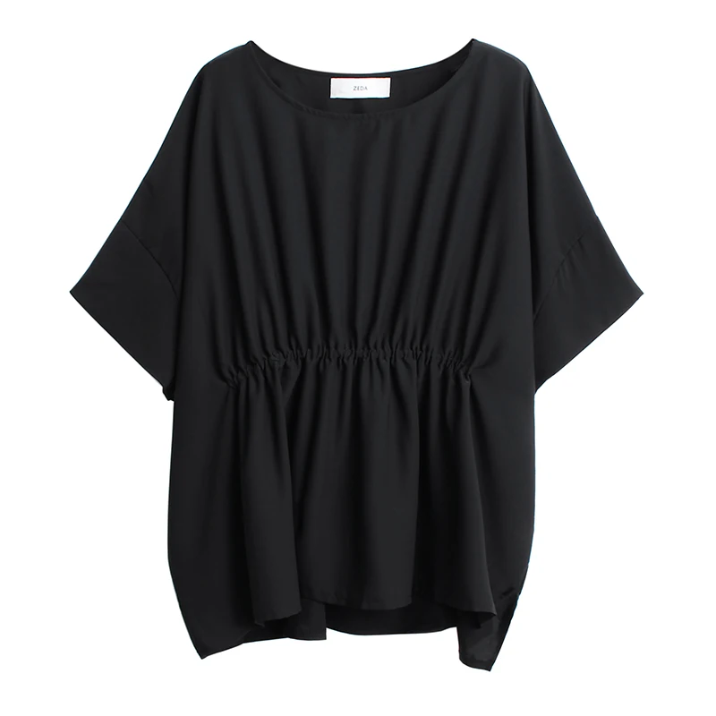 

High Waist Women Shirts Round Neck Bat Sleeve Wild Chiffon Blouses and Tops Female Loose Pluz Size Solid Color Summer New 2019