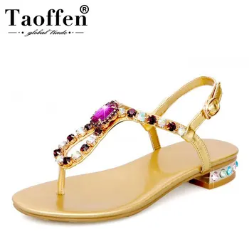 

TAOFFEN Size 34-42 Women Real Leather Flats Sandals String Bead Summer Shoes Women Daily Beach Fashion Classics Footwear