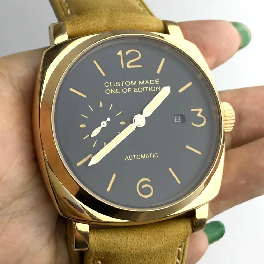 

47MM watch seagull automatic movement pointer can work gold stainless steel case luminous hand leather strap 54-1