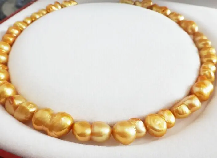 

FREE SHIPPINGHuge 18"11-15mm natural south sea genuine gold unique pearl necklace AAA