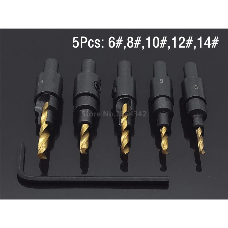 

5pcs Set HSS Titanium Coated Countersink Drill Bit Woodworking Counter Bore Screw Power Reaming Tool Size 6 8 10 12 14